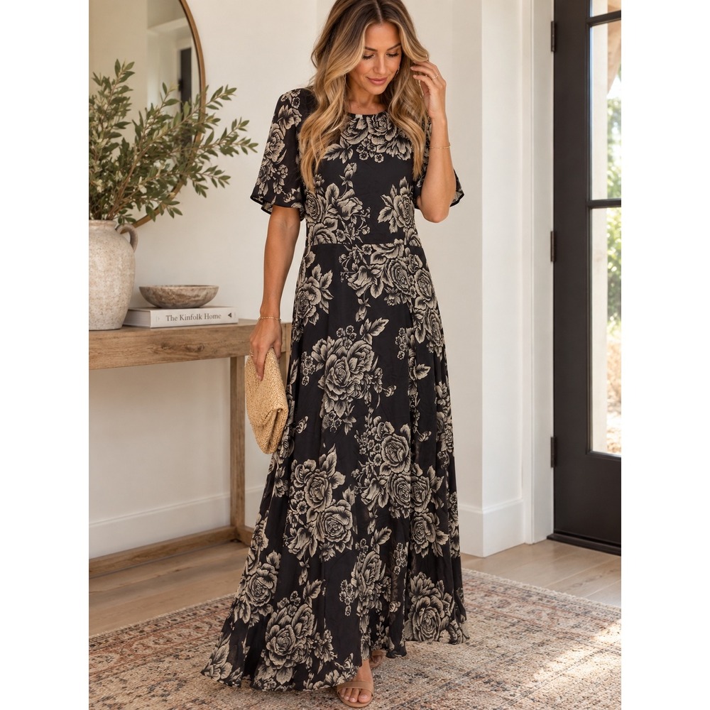 Baltic Born Agnes Satin Maxi Dress Black Cream Floral 3XL AGN-DR-69819-3X